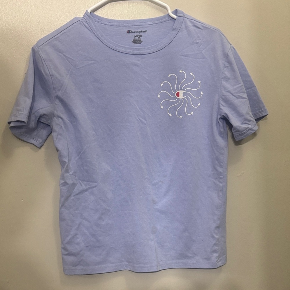 Champion Light Blue Graphic Tee – Basketball Blueprint Design – Size M